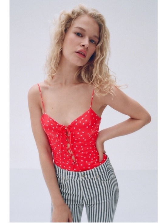 Zara Tops - Zara Red Star Print Lace Up Satin Bodysuit NWT Y2K Festival Size L